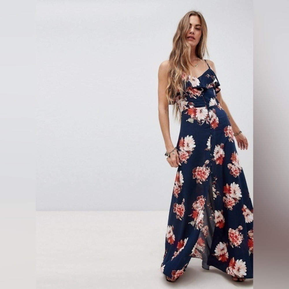Band Of Gypsies Button Front Down Flounce Floral Maxi Dress 💕 - Picture 3 of 16